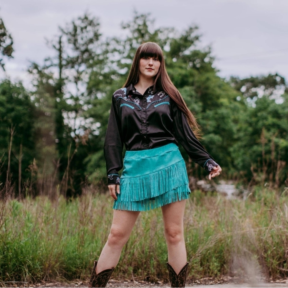 Turquoise Faux Suede Fringe Mini Skort - Picture 2 of 5